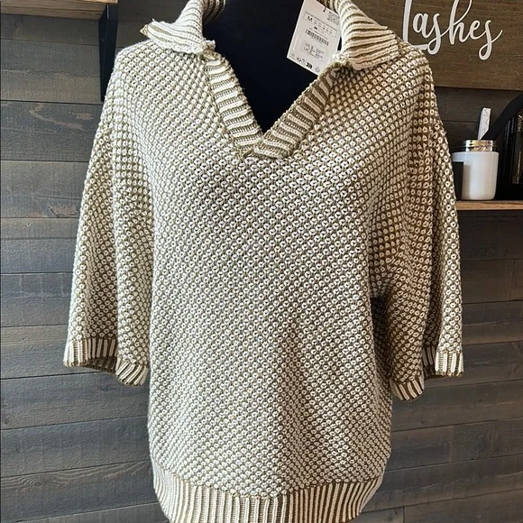 Zara Cream V-Neck Collared Sweater Cozy Knit Short Sleeve Medium - Picture 1 of 7
